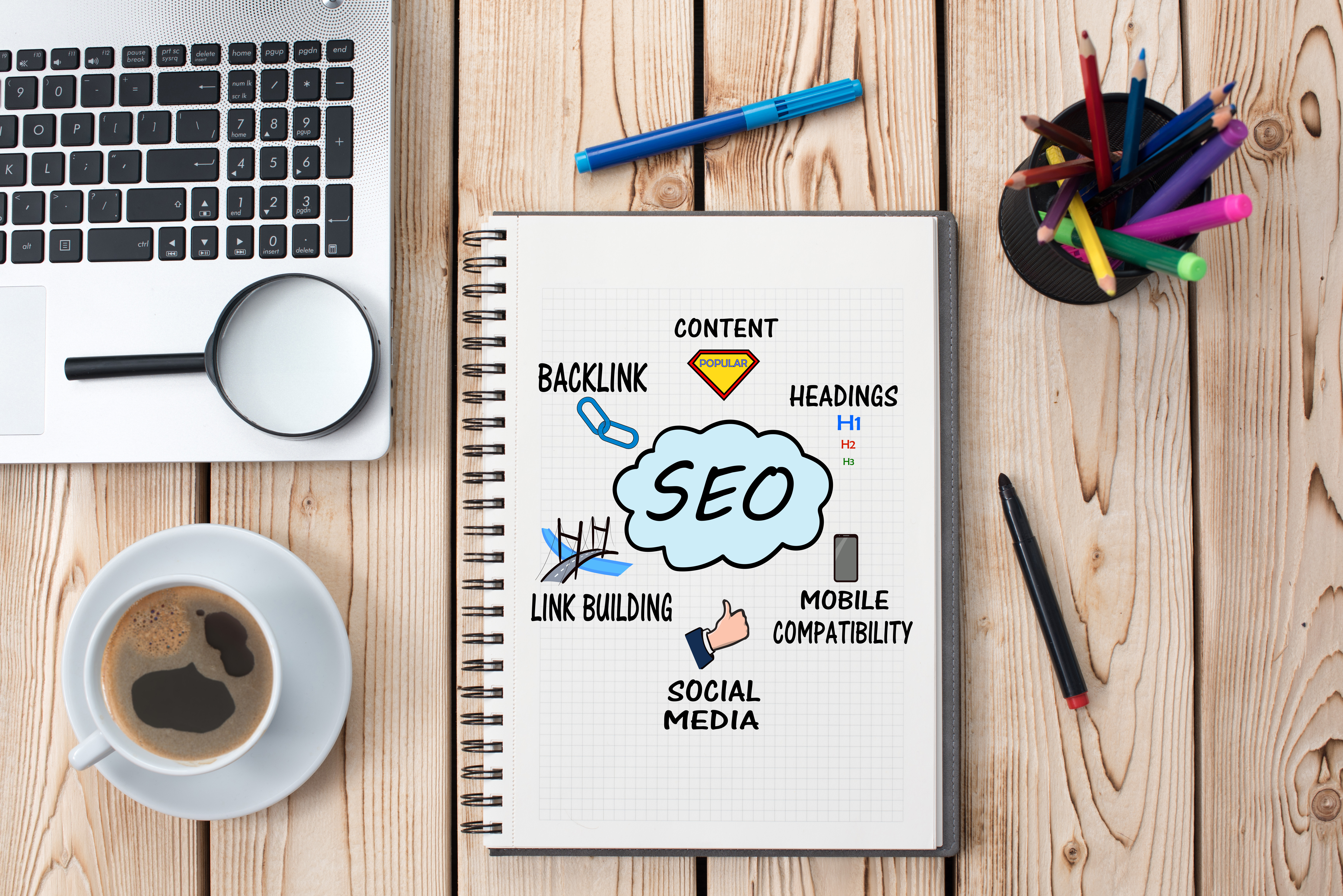 A notebook displaying a spider web chart about search engine optimization.